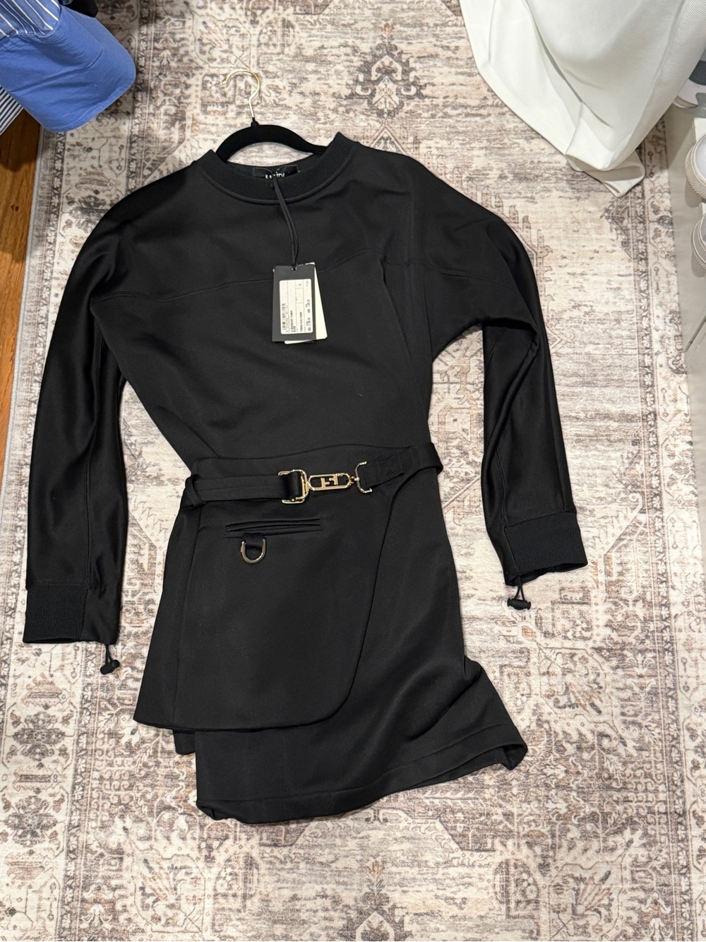 Fendi Black Long-Sleeve Midi Dress with Gold-Tone Buckle